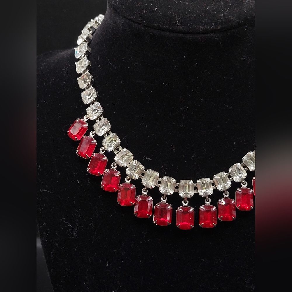Vintage Silver tone Clear Pink Glass Dangle Choker necklace - Picture 6 of 14